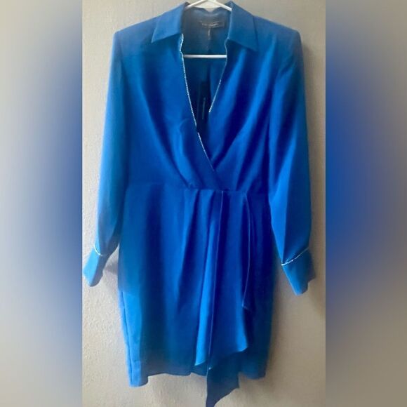 BCBGMAXAZRIA BLUE FAUX WRAP RHINESTONE TRIM TULIP SKIRT MINI DRESS SIZE 4 - Picture 3 of 9